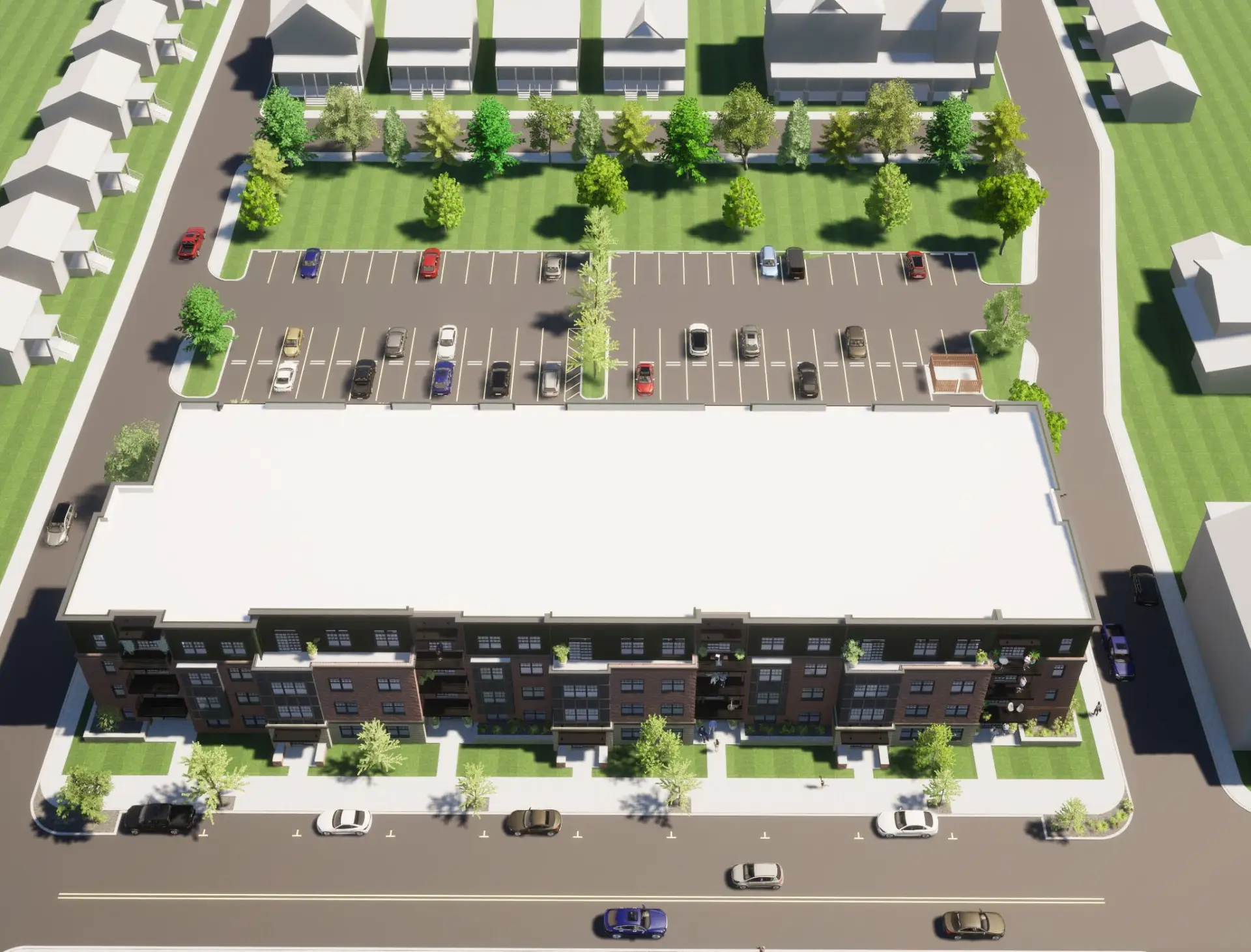 Aerial view of A1 Urban Living showing the building footprint, landscaped frontage, and the on-site parking lot behind