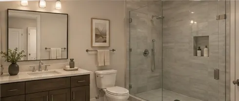 One-bedroom bath with a single vanity, framed mirror, and a glass-enclosed tiled shower