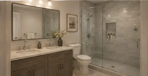 Two-bedroom bath with a double vanity, framed mirror, and a glass-enclosed tiled shower