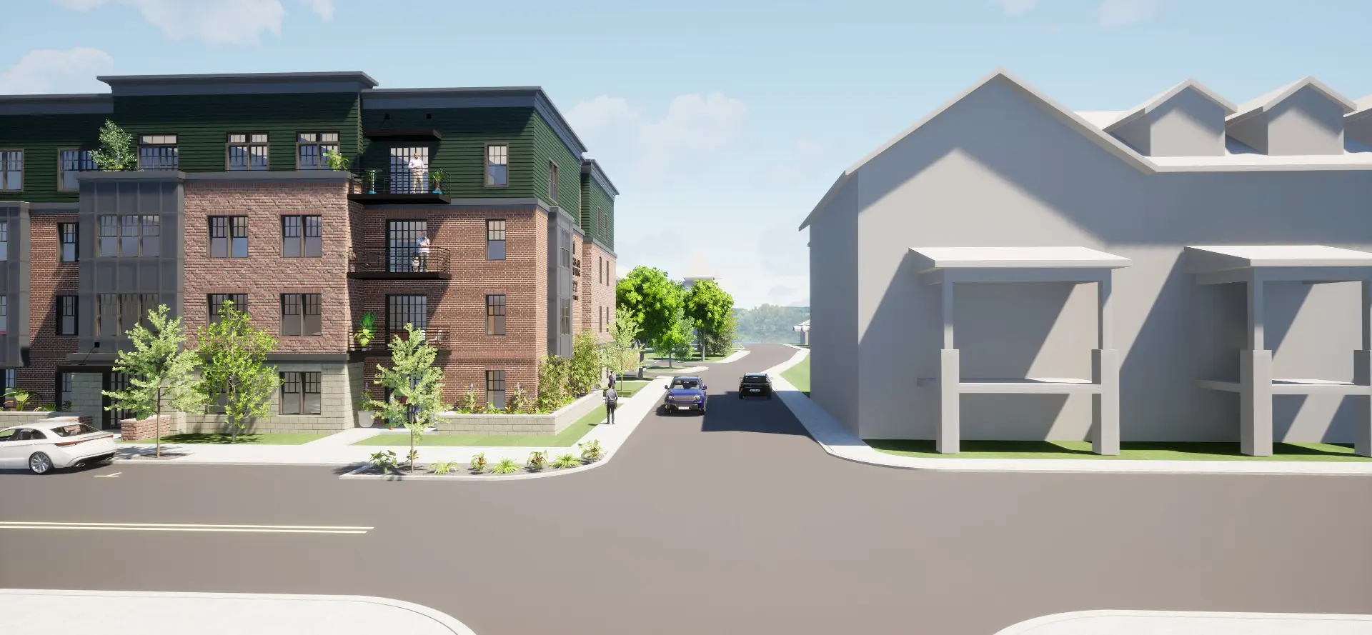 View of A1 Urban Living from Sycamore Street, showing the tree-lined block